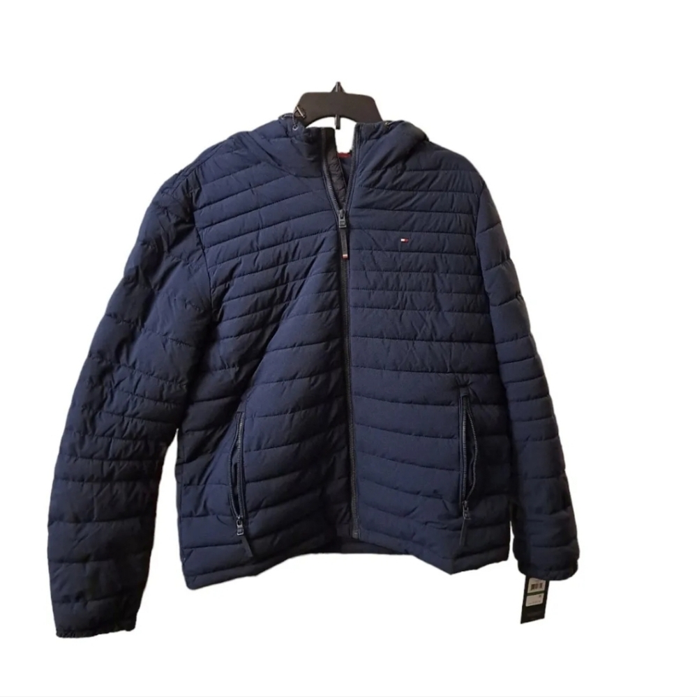 Tommy Hilfiger Hooded‎ Jacket Mens Blue Quilted Lightweight Insulated TH Flex